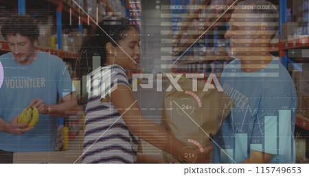 Statistical data processing over african american woman donating bag to male volunteer at warehouse 115749653