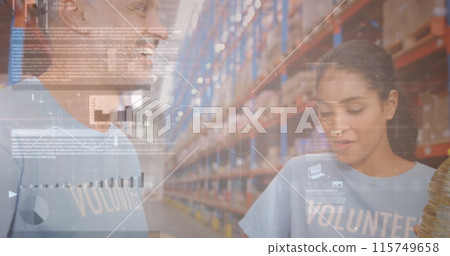 Screens with data processing over male and female volunteers checking their donations at warehouse Screens with data processing over male and female volunteers checking their donations at warehouse 115749658