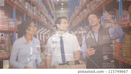 Image of data processing over men and woman working in warehouse Image of data processing over men and woman working in warehouse 115749667