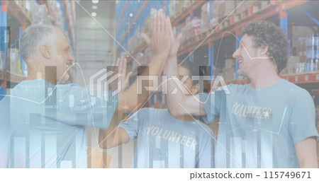 Financial data processing against diverse volunteers high fiving each other at warehouse Financial data processing against diverse volunteers high fiving each other at warehouse 115749671