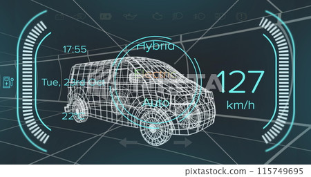 Image of car interface over digital van model on black background 115749695
