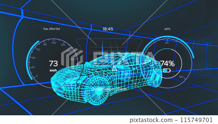 Image of car interface over digital car model on black background Image of car interface over digital car model on black background 115749701
