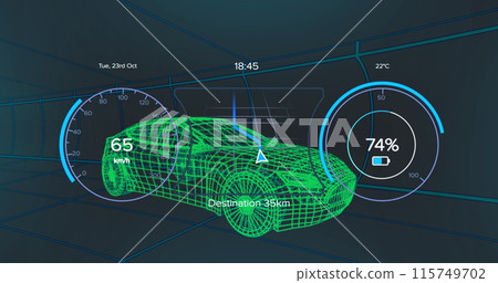 Image of car interface over digital car model on black background Image of car interface over digital car model on black background 115749702