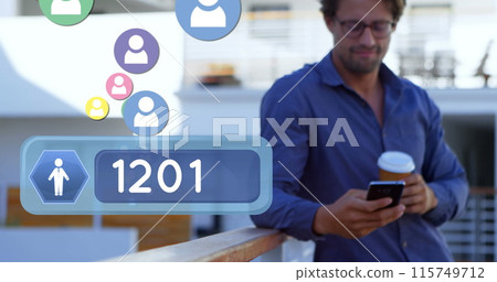 Front view of a man leaning on veranda rails, checking his phone while drinking coffee 115749712