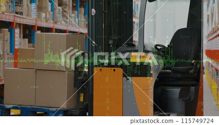 Image of data processing over turret truck in warehouse Image of data processing over turret truck in warehouse 115749724