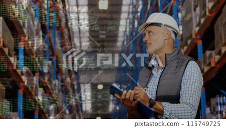 Image of data processing over caucasian male worker in warehouse Image of data processing over caucasian male worker in warehouse 115749725