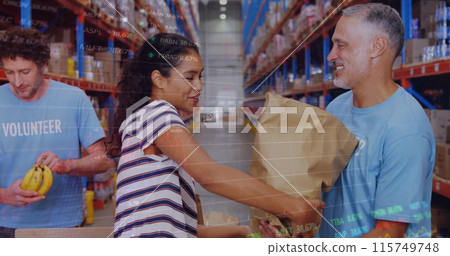 Image of data processing over diverse volunteers in warehouse 115749748