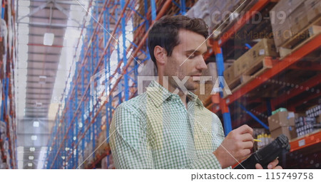 Image of data processing over caucasian male worker in warehouse 115749758