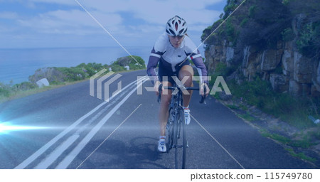 Image of light spots over caucasian woman cycling 115749780