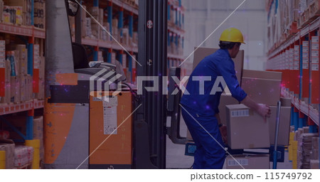 Image of glowing spots of light over caucasian man carrying box working in warehouse, 115749792