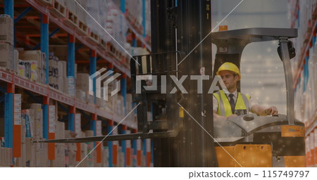 Image of glowing spots of light over caucasian man in forklift working in warehouse, Image of glowing spots of light over caucasian man in forklift working in warehouse, 115749797