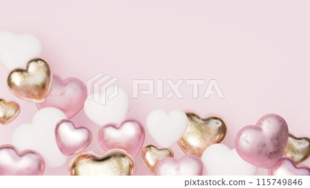 Background with floating pink, gold and white heart balloons, wedding or baby shower 3d render 115749846