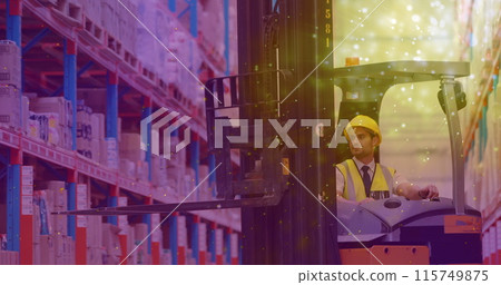 Image of glowing spots of light over caucasian man in forklift working in warehouse, Image of glowing spots of light over caucasian man in forklift working in warehouse, 115749875