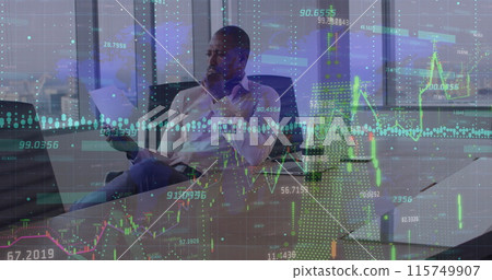 Image of financial data over africna american businessman working in office Image of financial data over africna american businessman working in office 115749907