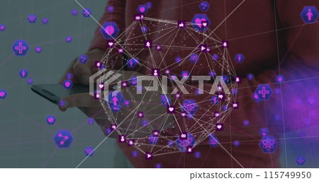 Globe of digital icons and network of medical icons against mid section of a person using smartphone Globe of digital icons and network of medical icons against mid section of a person using smartphone 115749950