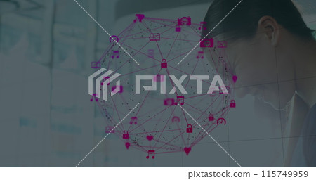 Globe of digital icons spinning against caucasian businesswoman smiling while using smartphone Globe of digital icons spinning against caucasian businesswoman smiling while using smartphone 115749959