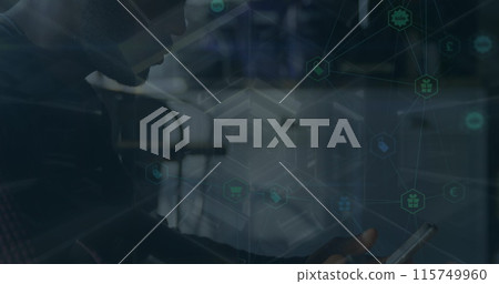 Image of media icons over african american businessman using smartphone Image of media icons over african american businessman using smartphone 115749960