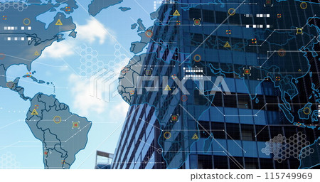 Data processing over world map against tall building in background Data processing over world map against tall building in background 115749969