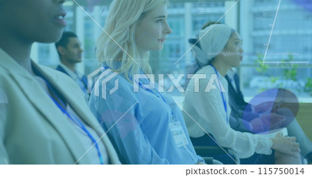 Image of data processing over diverse business people with tablets Image of data processing over diverse business people with tablets 115750014
