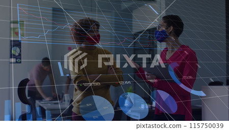Image of financial data processing over diverse business people wearing face masks Image of financial data processing over diverse business people wearing face masks 115750039