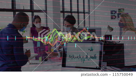 Image of financial data processing over diverse business people wearing face masks 115750049