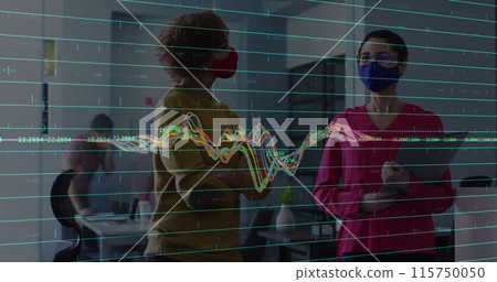 Image of data processing over diverse business people talking Image of data processing over diverse business people talking 115750050