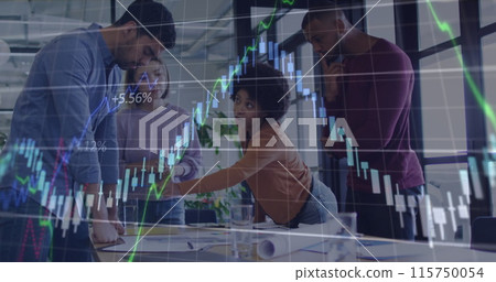 Financial data processing over group of diverse office colleagues discussing at office Financial data processing over group of diverse office colleagues discussing at office 115750054