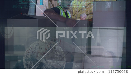 Image of data processing over caucasian delivery man stacking boxes in the back of truck Image of data processing over caucasian delivery man stacking boxes in the back of truck 115750058