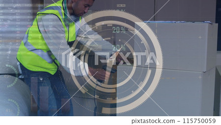 Image of clock and data processing over african american male worker scanning delivery boxes 115750059