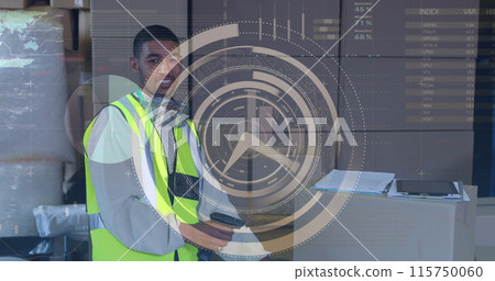 Image of clock and data processing over african american male worker scanning delivery boxes Image of clock and data processing over african american male worker scanning delivery boxes 115750060