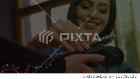 Image of financial data processing over diverse people paying with smartphone 115750128