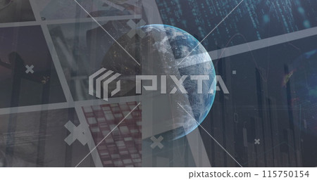 Image of globe rotating over data on screens Image of globe rotating over data on screens 115750154