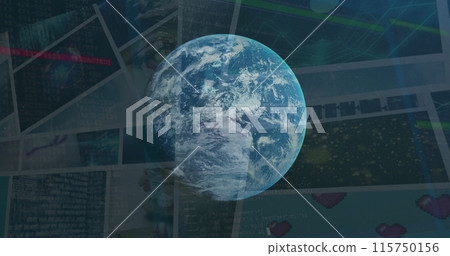 Image of globe rotating over data on screens 115750156