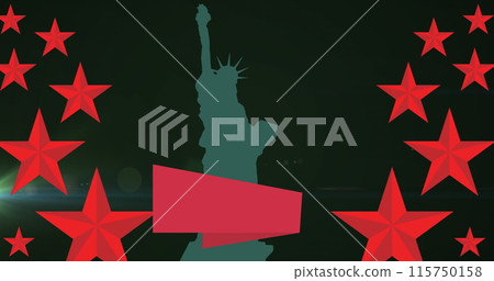 Image of red stars and statue of liberty silhouette on black background 115750158