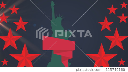 Image of red stars and statue of liberty silhouette on black background 115750160