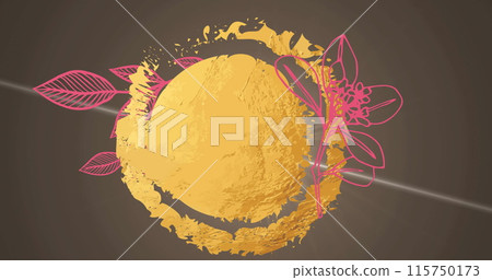Image of gold stamp over flowers and brown background with light 115750173