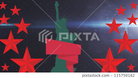 Image of red stars and statue of liberty silhouette on black background with light Image of red stars and statue of liberty silhouette on black background with light 115750182