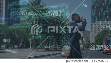 Image of data processing over african american businessman drinking coffee walking on the street 115750227
