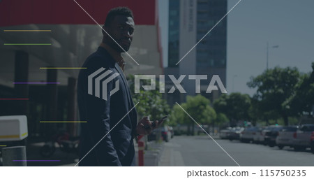 Image of social media icons over african american businessman using smartphone on the street 115750235