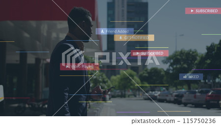 Image of social media icons over african american businessman using smartphone on the street 115750236