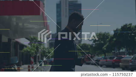 Image of social media icons over african american businessman using smartphone on the street Image of social media icons over african american businessman using smartphone on the street 115750237