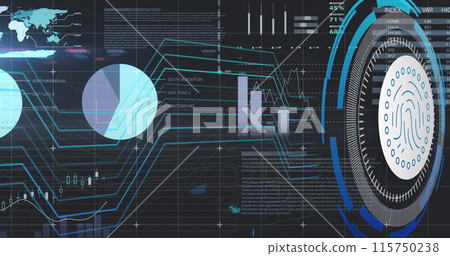 Image of data processing with fingerprint icon over blue background Image of data processing with fingerprint icon over blue background 115750238