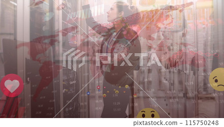 Image of data processing and world map over caucasian female worker in server room Image of data processing and world map over caucasian female worker in server room 115750248
