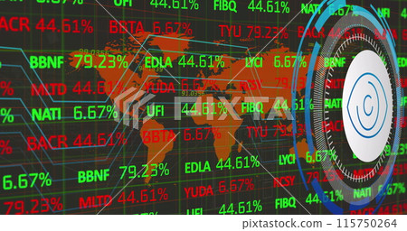 Image of data processing with eye icon and world map over gray background Image of data processing with eye icon and world map over gray background 115750264