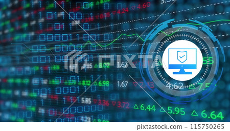 Image of data processing with shield icon over blue background 115750265