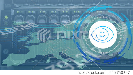 Image of data processing with eye icon and world map over server room Image of data processing with eye icon and world map over server room 115750267
