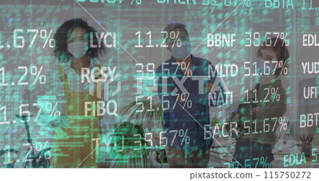 Image of stock market data processing over diverse colleagues wearing face masks at office 115750272
