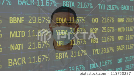 Image of stock market data processing over portrait of biracial man wearing face mask at office Image of stock market data processing over portrait of biracial man wearing face mask at office 115750287