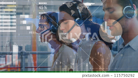 Image of financial graphs and data over diverse female and male call center workers 115750292