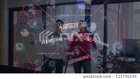 Image of changing numbers and data processing over diverse colleagues discussing at office 115750293